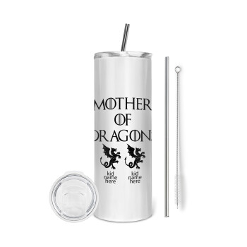 GOT, Mother of Dragons  (με ονόματα παιδικά), Tumbler ποτήρι θερμό από ανοξείδωτο ατσάλι 600ml, με μεταλλικό καλαμάκι & βούρτσα καθαρισμού