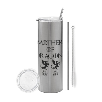 GOT, Mother of Dragons  (με ονόματα παιδικά), Eco friendly stainless steel Silver tumbler 600ml, with metal straw & cleaning brush