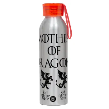 GOT, Mother of Dragons  (με ονόματα παιδικά), Αλουμινένιο Αθλητικό Μπουκάλι 650ml – Ασημί με Κόκκινο Καπάκι και Λουράκι Σιλικόνης