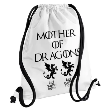 GOT, Mother of Dragons  (με ονόματα παιδικά), Backpack pouch GYMBAG white, with pocket (40x48cm) & thick cords