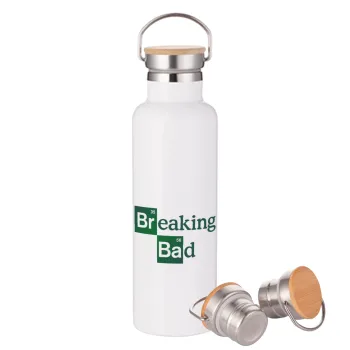 Breaking Bad, Μεταλλικό παγούρι θερμός (Stainless steel) Λευκό με ξύλινο καπάκι (bamboo), διπλού τοιχώματος, 750ml
