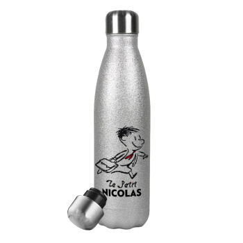 Le Petit Nicolas, Μεταλλικό παγούρι θερμός Glitter Aσημένιο (Stainless steel), διπλού τοιχώματος, 500ml