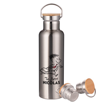 Le Petit Nicolas, Stainless steel Silver with wooden lid (bamboo), double wall, 750ml