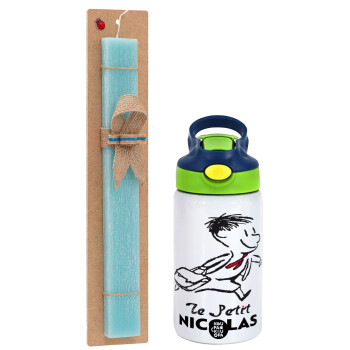 Le Petit Nicolas, Easter Set, Children's thermal stainless steel bottle with safety straw, green/blue (350ml) & aromatic flat Easter candle (30cm) (TURQUOISE)