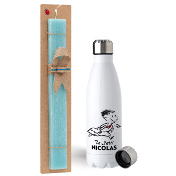 Le Petit Nicolas, Easter Set, metallic stainless steel water bottle (750ml) & aromatic flat Easter candle (30cm) (TURQUOISE)