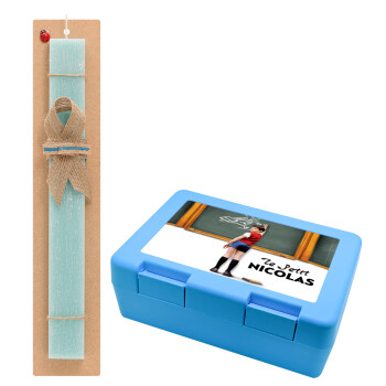 Le Petit Nicolas, Πασχαλινή Λαμπάδα με παιδικό δοχείο κολατσιού ΓΑΛΑΖΙΟ & κερί αρωματικό πλακέ (30cm) (ΤΙΡΚΟΥΑΖ)