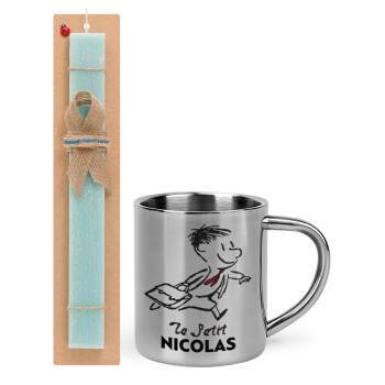 Le Petit Nicolas, Easter Set, metallic thermal cup (300ml) & aromatic flat Easter candle (30cm) (TURQUOISE)