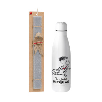 Le Petit Nicolas, Easter Set, metallic stainless thermos bottle (500ml) & scented flat Easter candle (30cm) (GRAY)