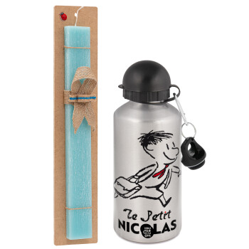 Le Petit Nicolas, Πασχαλινό Σετ, παγούρι μεταλλικό Ασημένιο αλουμινίου (500ml) & πασχαλινή λαμπάδα αρωματική πλακέ (30cm) (ΤΙΡΚΟΥΑΖ)