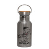 Stainless steel metallic thermos flask, silver with a bamboo lid, double-walled, 350ml.