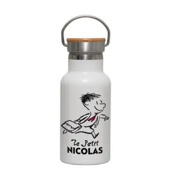 Le Petit Nicolas, Μεταλλικό παγούρι θερμός (Stainless steel) Λευκό με ξύλινο καπακι (bamboo), διπλού τοιχώματος, 350ml