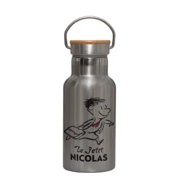 Le Petit Nicolas, Μεταλλικό παγούρι θερμός (Stainless steel) Ασημένιο με ξύλινο καπακι (bamboo), διπλού τοιχώματος, 350ml