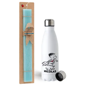 Le Petit Nicolas, Easter Set, metallic stainless steel water bottle (750ml) & aromatic flat Easter candle (30cm) (TURQUOISE)