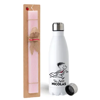 Le Petit Nicolas, Easter Set, metallic stainless steel water bottle (750ml) & scented flat Easter candle (30cm) (PINK)
