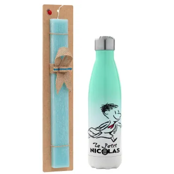 Le Petit Nicolas, Easter Set, Metallic green/white thermos (Stainless steel), double-walled, 500ml & scented flat Easter candle (30cm) (TURQUOISE)