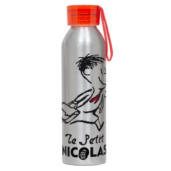 Le Petit Nicolas, Αλουμινένιο Αθλητικό Μπουκάλι 650ml – Ασημί με Κόκκινο Καπάκι και Λουράκι Σιλικόνης