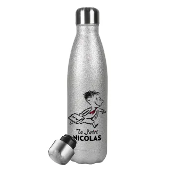 Le Petit Nicolas, Μεταλλικό παγούρι θερμός Glitter Aσημένιο (Stainless steel), διπλού τοιχώματος, 500ml