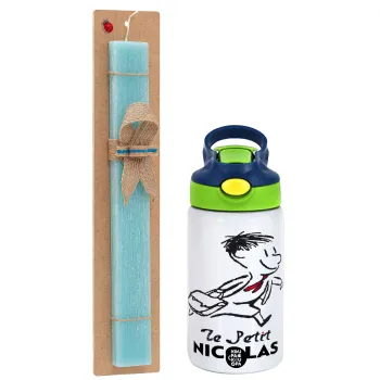 Le Petit Nicolas, Easter Set, Children's thermal stainless steel bottle with safety straw, green/blue (350ml) & aromatic flat Easter candle (30cm) (TURQUOISE)