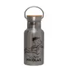 Stainless steel metallic thermos flask, silver with a bamboo lid, double-walled, 350ml.