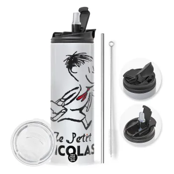 Le Petit Nicolas, Travel Tumbler 2 Lids, with metal straw & cleaning brush (Stainless steel 304 Food grade, BPA free, 600ml)