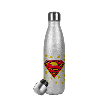 Superman Blue, Μεταλλικό παγούρι θερμός Glitter Aσημένιο (Stainless steel), διπλού τοιχώματος, 500ml