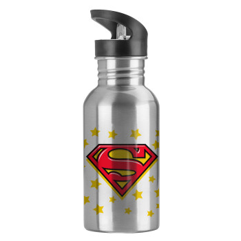 Superman Blue, Water bottle Silver with straw, stainless steel 600ml