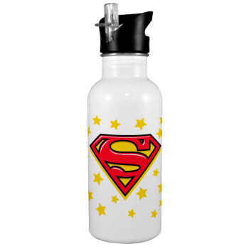 Superman Blue, White water bottle with straw, stainless steel 600ml