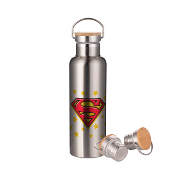 Superman Blue, Stainless steel Silver with wooden lid (bamboo), double wall, 750ml