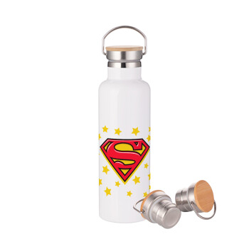 Superman Blue, Μεταλλικό παγούρι θερμός (Stainless steel) Λευκό με ξύλινο καπάκι (bamboo), διπλού τοιχώματος, 750ml