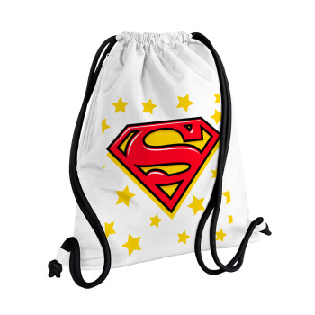 Superman Blue, Τσάντα πλάτης πουγκί GYMBAG λευκή, με τσέπη (40x48cm) & χονδρά κορδόνια