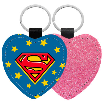 Superman Blue, Μπρελόκ PU δερμάτινο glitter καρδιά ΡΟΖ