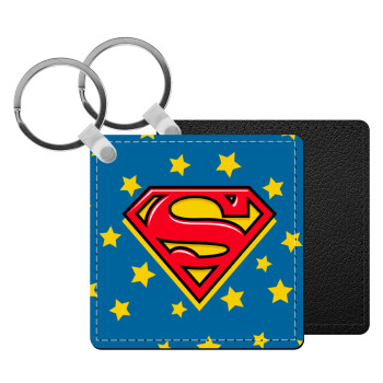 Superman Blue, Μπρελόκ Δερματίνη, τετράγωνο ΜΑΥΡΟ (5x5cm)