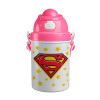 Superman Blue, Ροζ παιδικό παγούρι πλαστικό (BPA-FREE) με καπάκι ασφαλείας, κορδόνι και καλαμάκι, 400ml