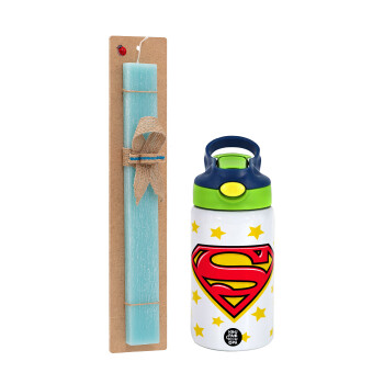 Superman Blue, Easter Set, Children's thermal stainless steel bottle with safety straw, green/blue (350ml) & aromatic flat Easter candle (30cm) (TURQUOISE)