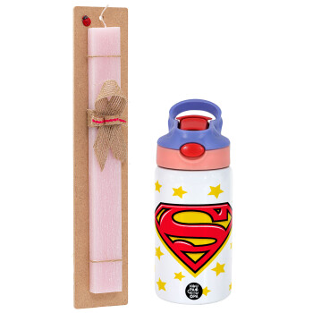 Superman Blue, Πασχαλινό Σετ, Παιδικό παγούρι θερμό, ανοξείδωτο, με καλαμάκι ασφαλείας, ροζ/μωβ (350ml) & πασχαλινή λαμπάδα αρωματική πλακέ (30cm) (ΡΟΖ)