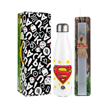 Superman Blue, Easter candle, metallic white thermos bottle (500ml) & aromatic flat candle (30cm) (GRAY)