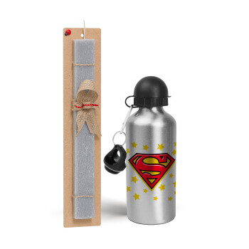 Superman Blue, Easter Set, metallic silver aluminum water bottle (500ml) & aromatic flat Easter candle (30cm) (GRAY)