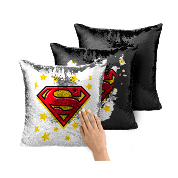 Superman Blue, Μαξιλάρι καναπέ Μαγικό Μαύρο με πούλιες 40x40cm περιέχεται το γέμισμα