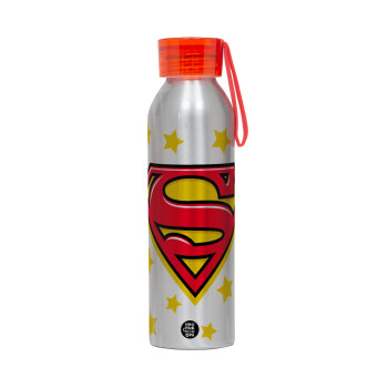 Superman Blue, Αλουμινένιο Αθλητικό Μπουκάλι 650ml – Ασημί με Κόκκινο Καπάκι και Λουράκι Σιλικόνης