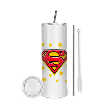 Superman Blue, Eco friendly stainless steel tumbler 600ml, with metal straw & cleaning brush