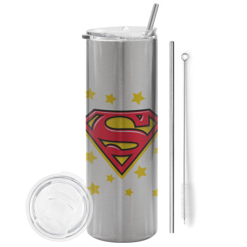 Superman Blue, Eco friendly stainless steel Silver tumbler 600ml, with metal straw & cleaning brush