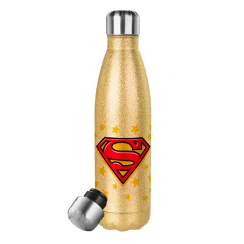 Superman Blue, Μεταλλικό παγούρι θερμός Glitter χρυσό (Stainless steel), διπλού τοιχώματος, 500ml