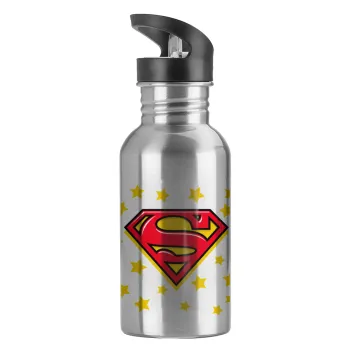 Superman Blue, Water bottle Silver with straw, stainless steel 600ml