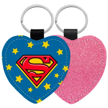 Superman Blue, Μπρελόκ PU δερμάτινο glitter καρδιά ΡΟΖ