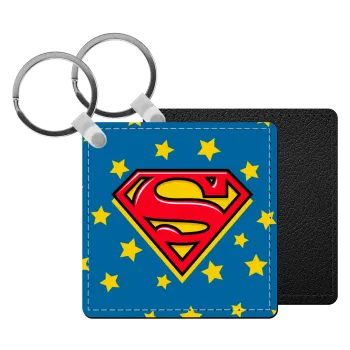 Superman Blue, Μπρελόκ Δερματίνη, τετράγωνο ΜΑΥΡΟ (5x5cm)