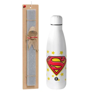 Superman Blue, Easter Set, metallic stainless thermos bottle (500ml) & scented flat Easter candle (30cm) (GRAY)