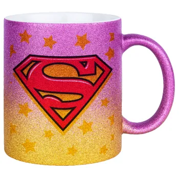 Superman Blue, Κούπα Χρυσή/Ροζ Glitter, κεραμική, 330ml