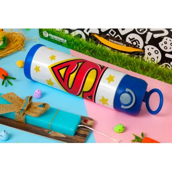 Superman Blue, Easter candle, Childrens hot water bottle, stainless steel, with safety straw, BLUE (500ml)