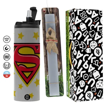 Superman Blue, Πασχαλινή Λαμπάδα με Travel Tumbler θερμό (600ml, BPA free) & κερί αρωματικό πλακέ (30cm) (ΓΚΡΙ)