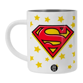 Superman Blue, Λευκή Ανοξείδωτη Μεταλλική Κούπα 450ml - Διπλού Τοιχώματος 